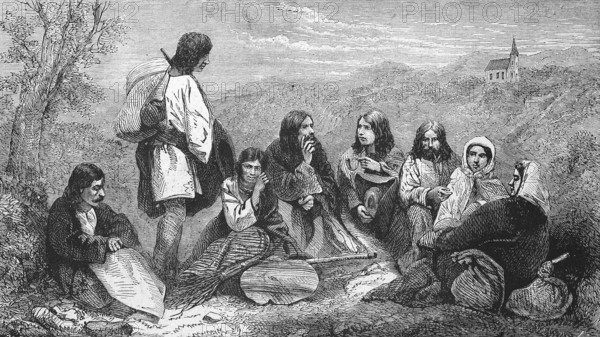 Peasant family in Bohemia in 1869, Historic, digitally restored reproduction of a 19th century original, exact original date unknown