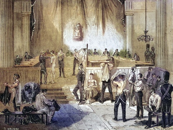 The Revision Council for the Mobile National Guard, Convocation and Examination of Soldiers, 1869, France, Historic, digitally restored reproduction of an original 19th century document, exact original date unknown, Europe