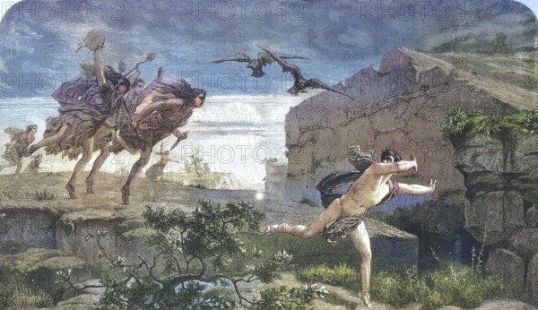 The Death of Penthee, Pentheus, in Greek mythology the son of (Echion) and Agaue, the daughter of Kadmos, Historical, digitally restored reproduction of a 19th century original, exact original date unknown