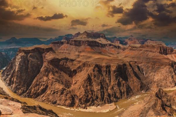 Panoramic of the Colorado River from Tonto West on the path of Bright Angel Trailhead in the Grand Canyon. Arizona