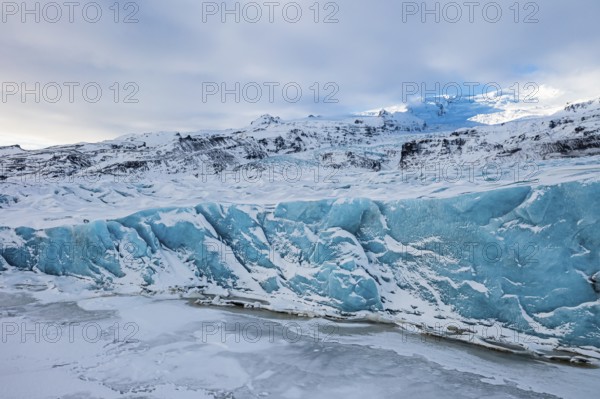 Glacier break in the Fjallsarlon glacier lagoon, drone image, Sudurland, Iceland, Europe