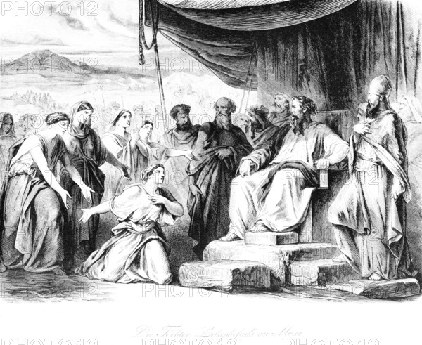 The daughter of Zelaphefad in front of Moses, inheritance, Zelaphehad, Eilead, Machir, Manasseh, crowd, tent, seat, kneeling, old men, preisters, steps, pleading, begging, Bible, Old Testament, Book 4 of Moses, historical illustration c. 1850