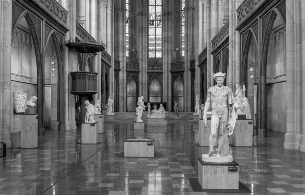 Black and white photograph, interior, Friedrichswerder Church, permanent exhibition 19th century sculpture, Berlin, Germany, Europe