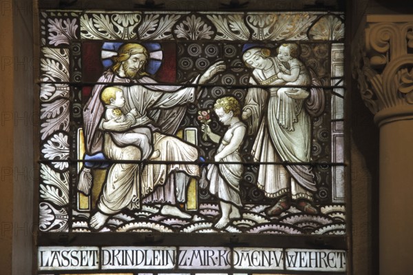 Church window with Christ and children in the Church of the Redeemer, arts and crafts, stained glass, interior view, saying, let the little children come to me, blessing, blessing, Taunus, Hesse, Germany, Europe