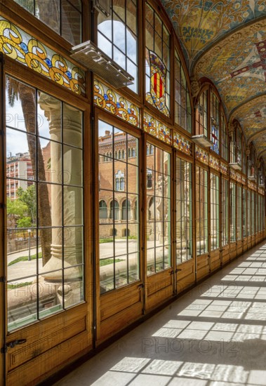 Interior view of the hall and corridors in the main building in the Hospital de la Santa Creu i Sant Pau by architect Lluís Domènech i Montaner, Barcelona, Catalonia