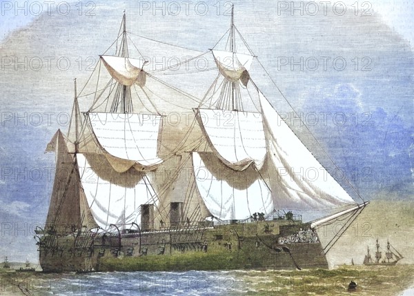 SMS Kronprinz was an armoured ship of the Imperial Navy, 1869, sailing steamer, Prussia, Historic, digitally restored reproduction of an original 19th century model, exact original date unknown