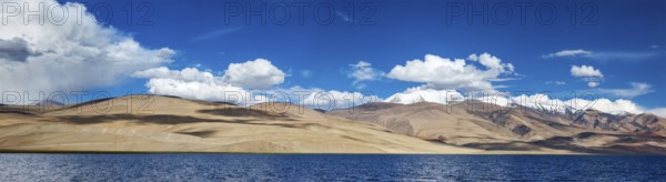 Panorama of Himalayan lake Tso Moriri (official name) (Tsomoriri Wetland Conservation Reserve) in Himalayas, Korzok, Changthang area, Ladakh, Jammu and Kashmir, India, Asia
