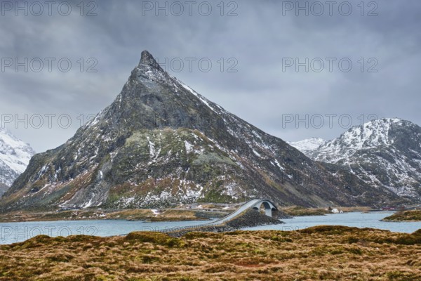 Fredvang Bridges in winter. Lofoten islands, Norway, Europe