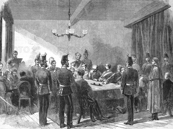Interrogation of the prisoner Fenian, a member of the Irish Republican Brotherhood, at the Dublin police station, 1868, Ireland, Historic, digitally restored reproduction of an original 19th century master, exact original date unknown, Europe