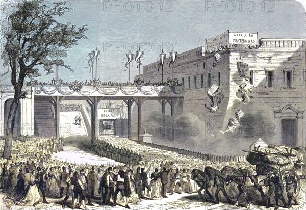 Celebrated demolition of the Atarazanas Fortress in Barcelona, 1869, Spain, Historic, digitally restored reproduction of an original 19th century artwork, exact original date unknown, Europe