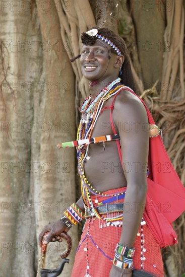 Maasai warrior wearing traditional dress, near Enkutoto, Masai Mara, Rift Valley Province, Kenya, Africa