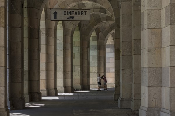 Two men boxing in the arcade of the Congress Hall, unfinished National Socialist monumental building on the Nazi Party Rally Grounds, Nuremberg, Middle Franconia, Bavaria, Germany, Europe