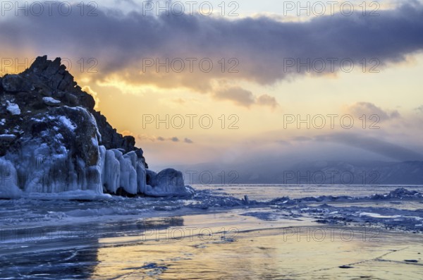 Sunset on ice, Lake Baikal, Olkhon Island, Pribaikalsky National Park, Irkutsk Province, Siberia, Russia, Europe