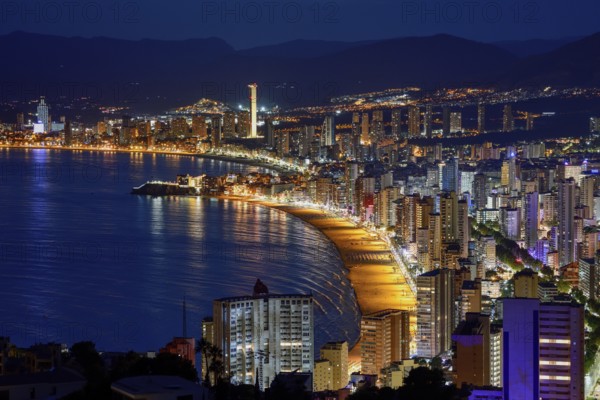 View over Benidorm and the Playa Levante, blue hour, Benidorm, Costa Blanca, Valencia country, Spain, Europe