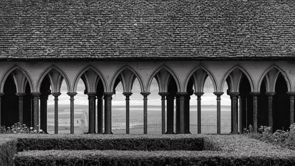Cloister, Mont Saint Michel, monochrome, Normandy, France, Europe