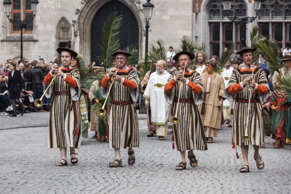 BRUGES, BELGIUM, MAY 17: Annual Procession of the Holy Blood on Ascension Day. Locals perform dramatizations of Biblical events, the Entrance of the Lord into Jerusalem. May 17, 2012 in Bruges (Brugge), Belgium, Europe