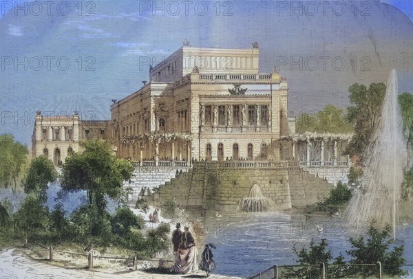 The new theatre in Leipzig in 1869, Germany, Historic, digitally restored reproduction of an original 19th century artwork, exact original date unknown, Europe