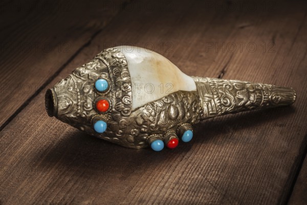 Tibetan Buddhist Conch Shell Horn Dung-Dkar on wooden background