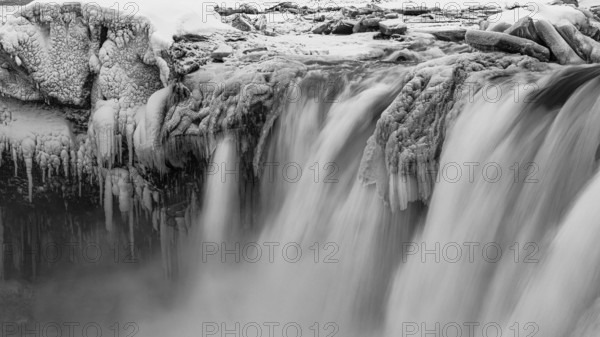 Godafoss waterfall, icy and snowy rock face, black and white photo, Northern Iceland Eyestra, Iceland, Europe