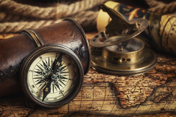 Travel geography navigation concept background, old vintage retro compass with sundial, spyglass and rope on ancient world map