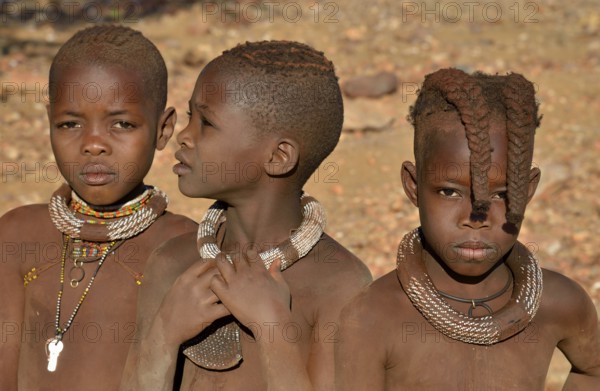 Three Himba girls, portrait, Okongwati, Kaokoland, Kunene, Namibia, Africa