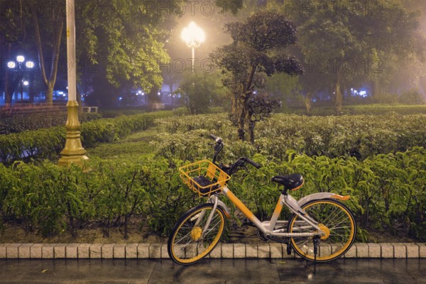 Bicycle in Guangzhou People's Park with mist fog at night. Guangzhou, China, Asia