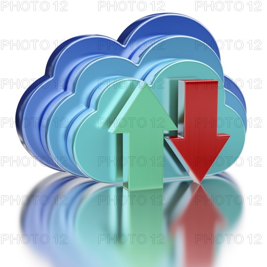 Remote database cloud computing technology storage upload download concept, 3 metal glossy cloud icons and download and upload arrows with reflection on white