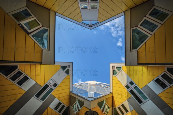 ROTTERDAM, NETHERLANDS, MAY 11, 2017: Cube houses, innovative cube-shaped houses designed by architect Piet Blom with idea to optimize space in Rotterdam, Netherlands now became a tourist attraction