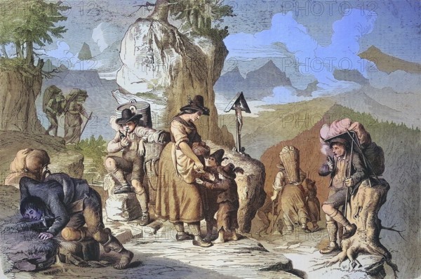 Goods carriers taking a break, on the way on an alpine pass in Tyrol in 1869, Austria, Historic, digitally restored reproduction of a 19th century original, exact original date not known, Europe