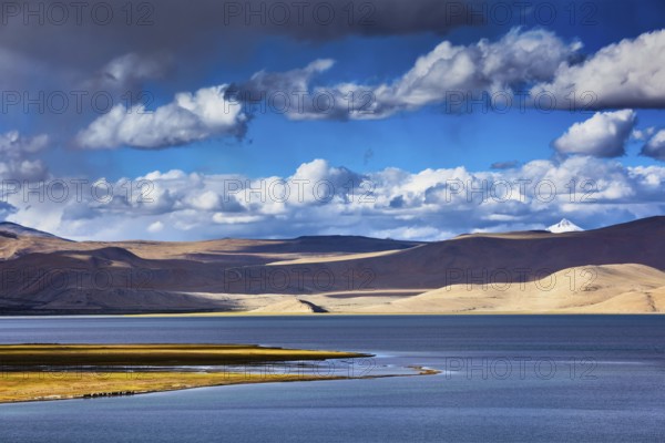 Himalayan mountain lake Tso Moriri on sunset, Ladakh