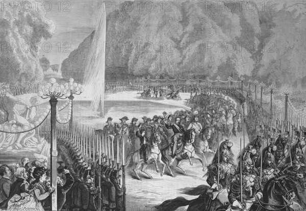 Grand Revue on 14 August, the Emperor, followed by his General Staff, crossing the Tuileries Garden, 1869, Paris, France, Historic, digitally restored reproduction of a 19th century original, Europe