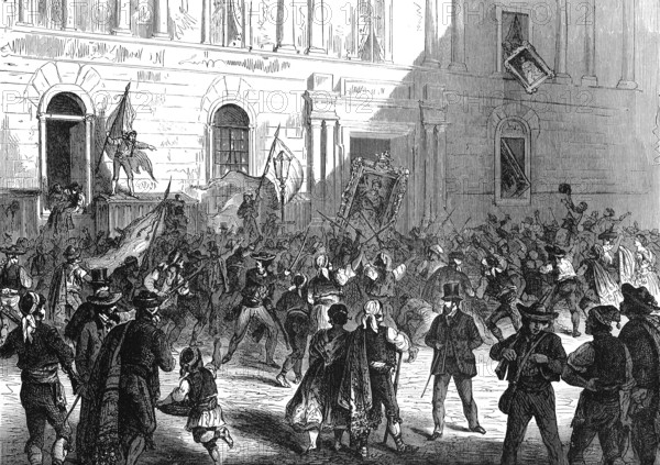 Popular demonstration in front of the Ministry of Public Works, Madrid, 1869, Spain, Historic, digitally restored reproduction of an original 19th century artwork, exact original date unknown, Europe