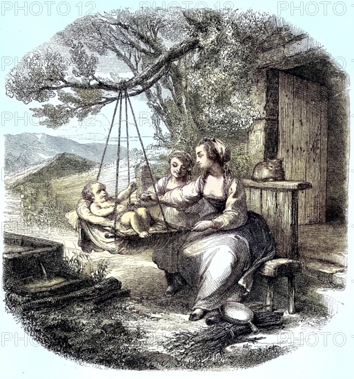 Baby in a cradle on a branch, mother and daughter sitting on a bench rocking the infant, c. 1880, Historic, digitally restored reproduction of a 19th century original