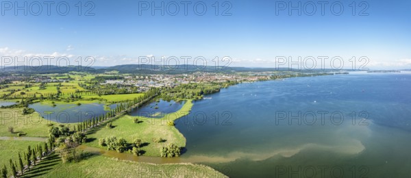 Aerial view, panorama of western Lake Constance with the Radolfzell Aach estuary and the Mooser dam at high tide, Radolfzell, district of Constance, Baden-Württemberg, Germany, Europe