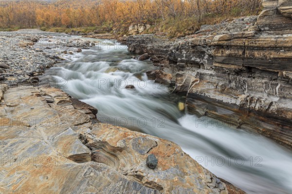 Gorge, canyon, river, rapids, autumn, autumn colours, Abisko Canyon, Abisko National Park, Laponia, Lapland, Sweden, Europe