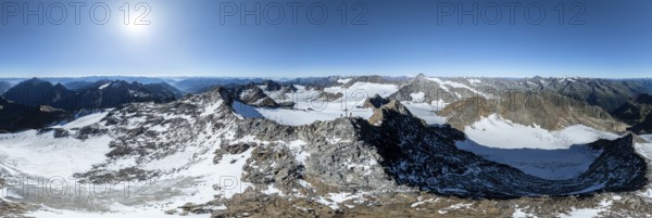 Panorama at the summit of the Wilder Freiger with glacier Übeltalferner and Wilder Freiger Ferner, picturesque mountain landscape, aerial view, Stubai Alps, South Tyrol, Italy, Europe