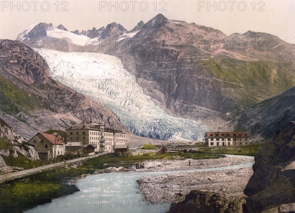 The Rhone Glacier, Rottengletscher, is a valley glacier in the headwaters of the Rhone in the extreme north-east of the canton of Valais in the central Alps of Switzerland / The Rhone Glacier, Glacier Hotel and Furka Road, Valais, Alps of, Switzerland, Historic, digitally restored reproduction from a 19th century original, Record date not stated, Europe