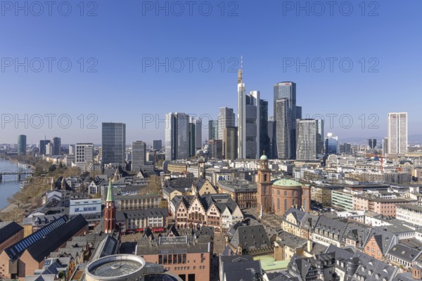The view from St. Bartholomew's Cathedral takes in Frankfurt city centre and the banking skyline, Frankfurt am Main, Hesse, Germany, Europe