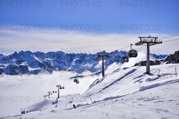 Ski piste in the Hoher Ifen ski area in Kleinwalstertal, in Allgäu, Vorarlberg, Austria, Europe