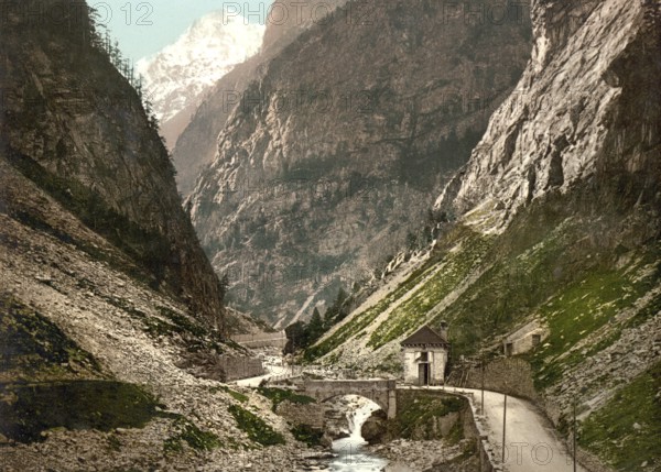 The Simplon Pass in the Gondo Gorge, a deep gorge through which the Diveria flows between the hamlet of Gabi in the municipality of Simplon and Gondo in Valais, Switzerland / Simplon Pass, Gondoschlucht, Valais, Alps of Switzerland, Historic, digitally restored reproduction from a 19th century original, Record date not stated