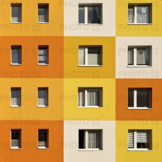 Geometrically and colourfully designed apartment buildings of a housing association, Halberstadt, Saxony-Anhalt, Germany, Europe