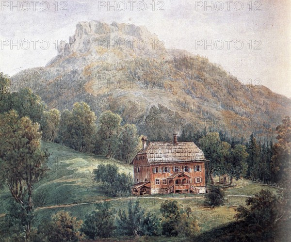 Farmhouse in the mountains, Painting by Adolf Hitler (1889-1945), Historical, digitally restored reproduction from a 20th century original, public domain, Record date not stated