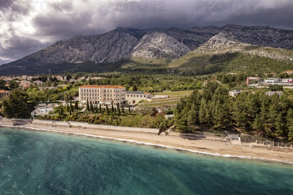 Glavna beach, Tristenika and the Villa Korta Katarina & Winery winery and hotel seen from above Orebic, Peljesac peninsula, Croatia, Europe