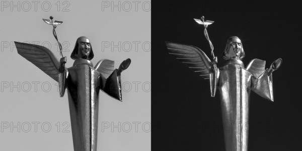 The Golden Angel by Fritz Bartsch-Hofer on the roof of the Engel pharmacy in Giessen, graphic variations, Hesse, Germany, Europe