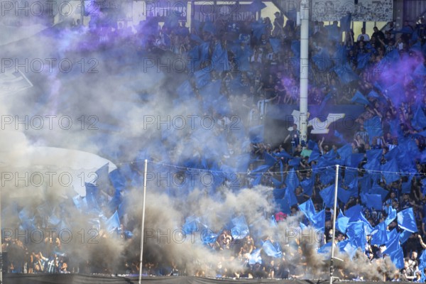 Football 3rd division, 2024/25 season, matchday 2: Waldhof Mannheim vs Viktoria Köln. Picture: Choreography, pyrotechnics and plenty of confidence among the Waldhof fans ahead of the first home game of the new season