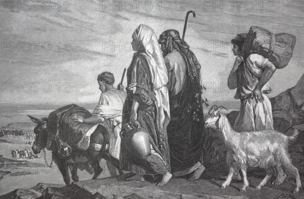 Naomi and her people travelling abroad, Naemi, a biblical figure, in the Book of Ruth Old Testament, digital reproduction of an original 19th century, historical