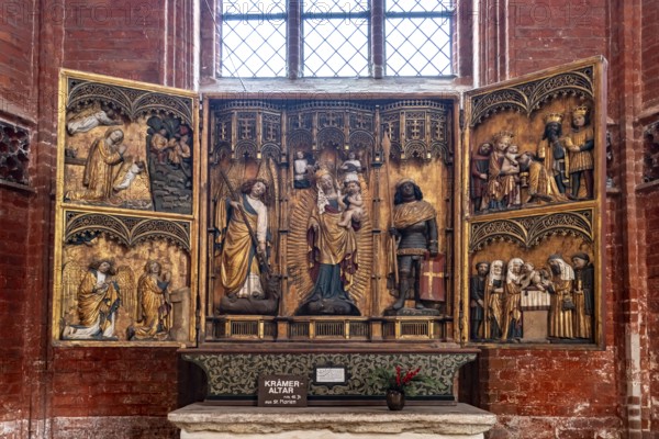 Krämeraltar in the interior of the church of St Nikolai in the Hanseatic city of Wismar, Mecklenburg-Vorpommern, Germany, Europe