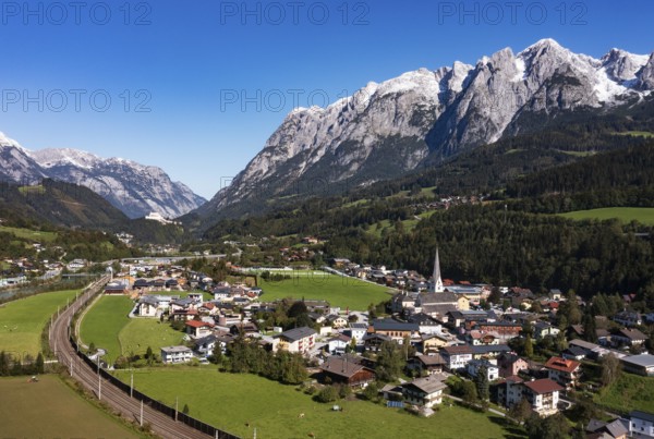 Drone image, settlement area, view of village with church, Pfarrwerfen, Tennengebirge, Salzachtal, Pongau, Salzburg province, Austria, Europe