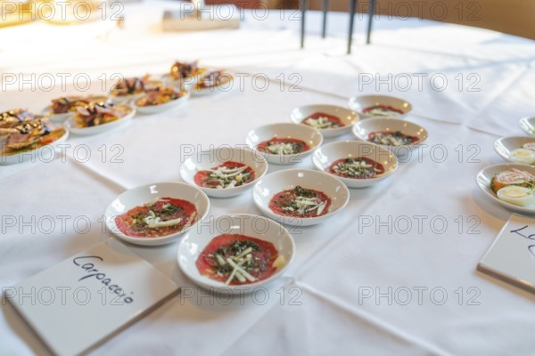 Appetiser plate with carpaccio, decorated with herbs and cheese, Europäischer Hof, Königsbach, Germany, Europe
