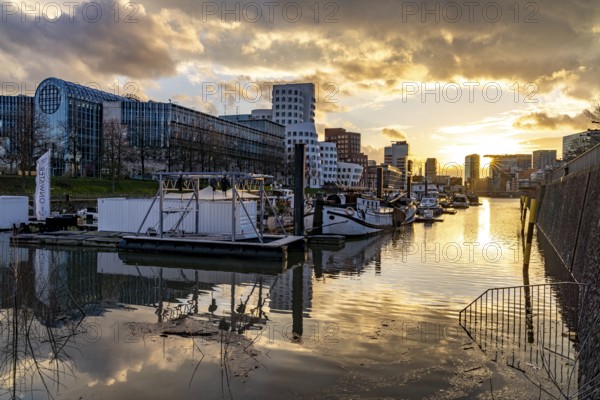 Gehry buildings - Neuer Zollhof at the Media Harbour in Düsseldorf at sunset, North Rhine-Westphalia, Germany, Europe